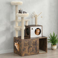 Gray cat tree with hidden litter box cabinet, hammock and basket – view 2