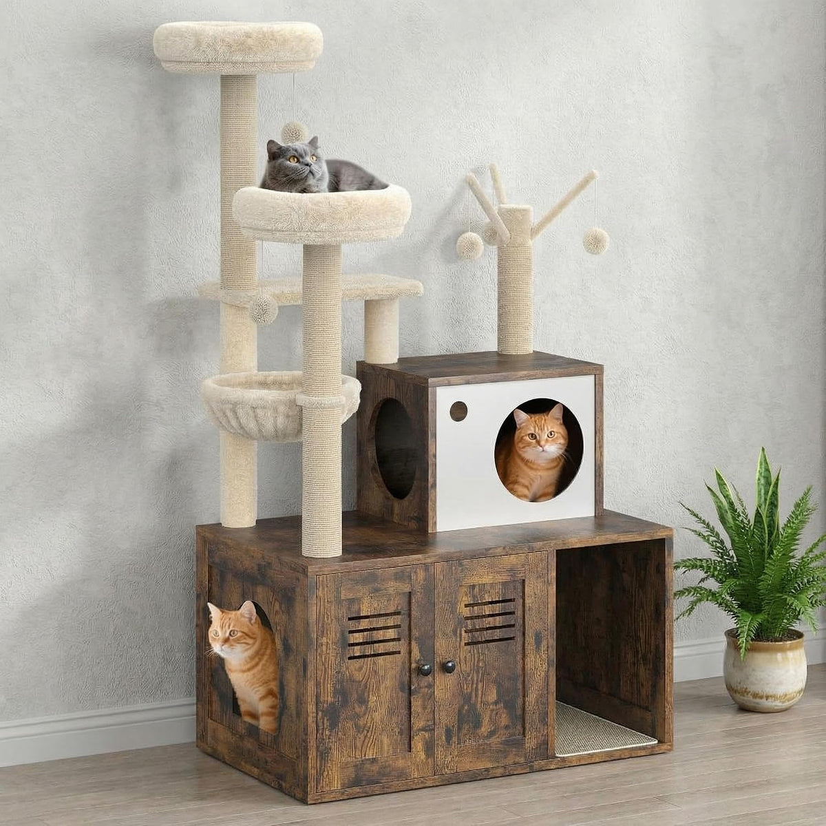 Gray cat tree with hidden litter box cabinet, hammock and basket – view 2