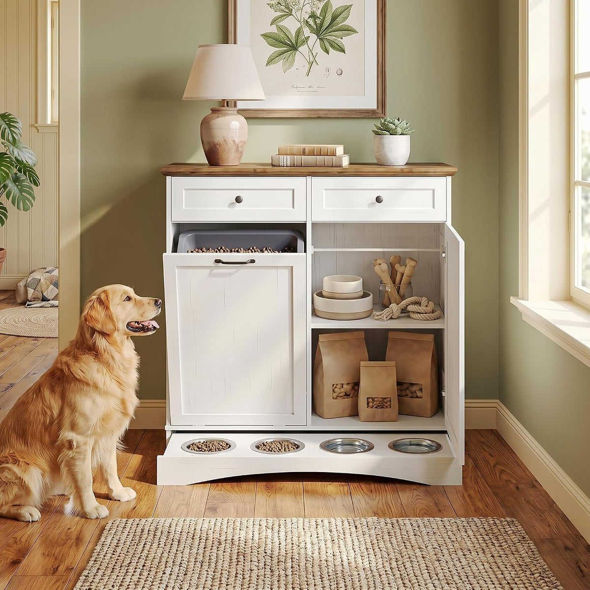 White pet feeding station cabinet with four bowls and double doors