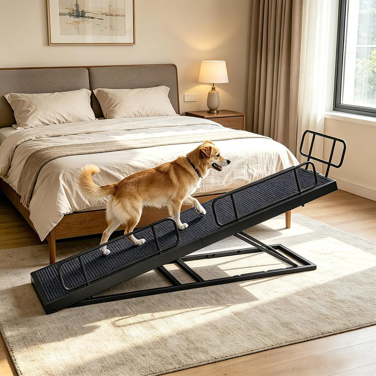 Black foldable dog ramp with carpeted surface leading up to a bed