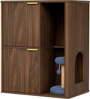31.5" Walnut Cat Litter Box Enclosure with Cat Tree Scratching Post