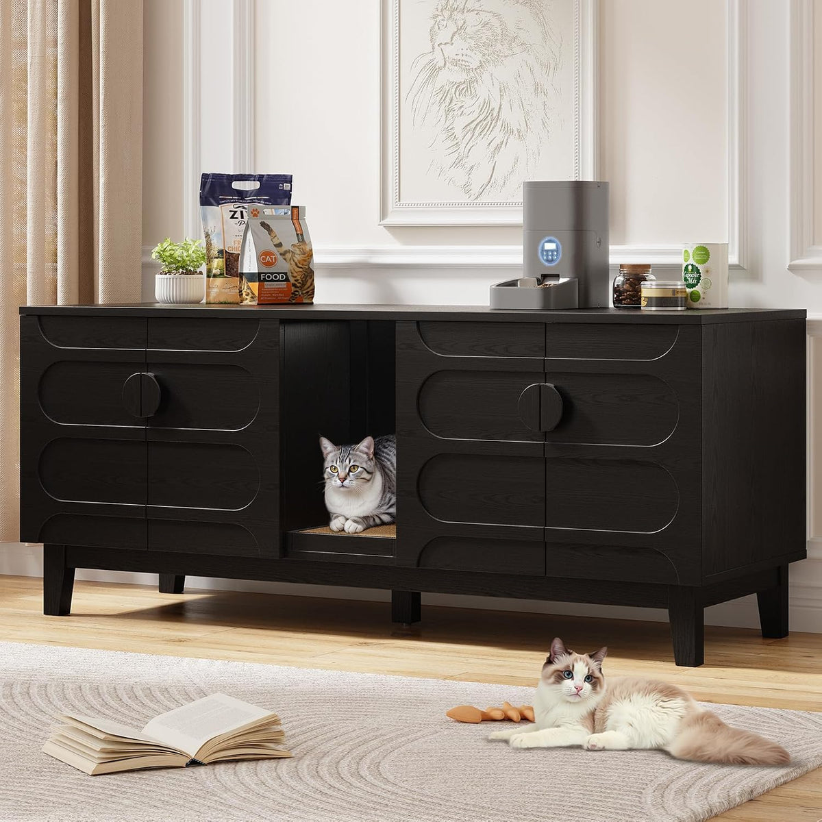 Walnut wooden double litter box enclosure TV stand with scratch pad – view 2
