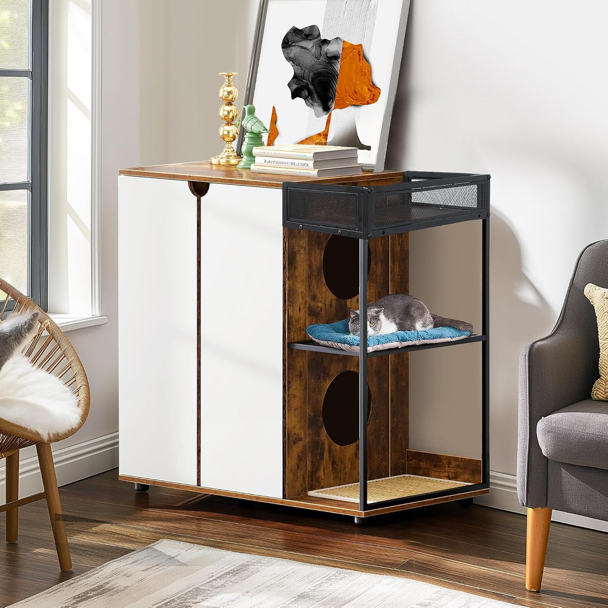 Wooden litter box enclosure cabinet for two cats with rustic finish – view 2