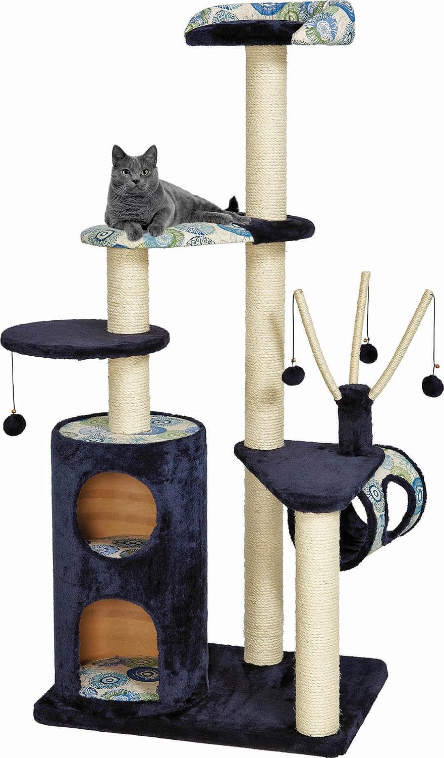 Three-tier woven rattan cat tree with dome cubby, basket bed and sisal posts – view 3