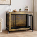 Rustic brown wood dog crate side table with three doors and wheels