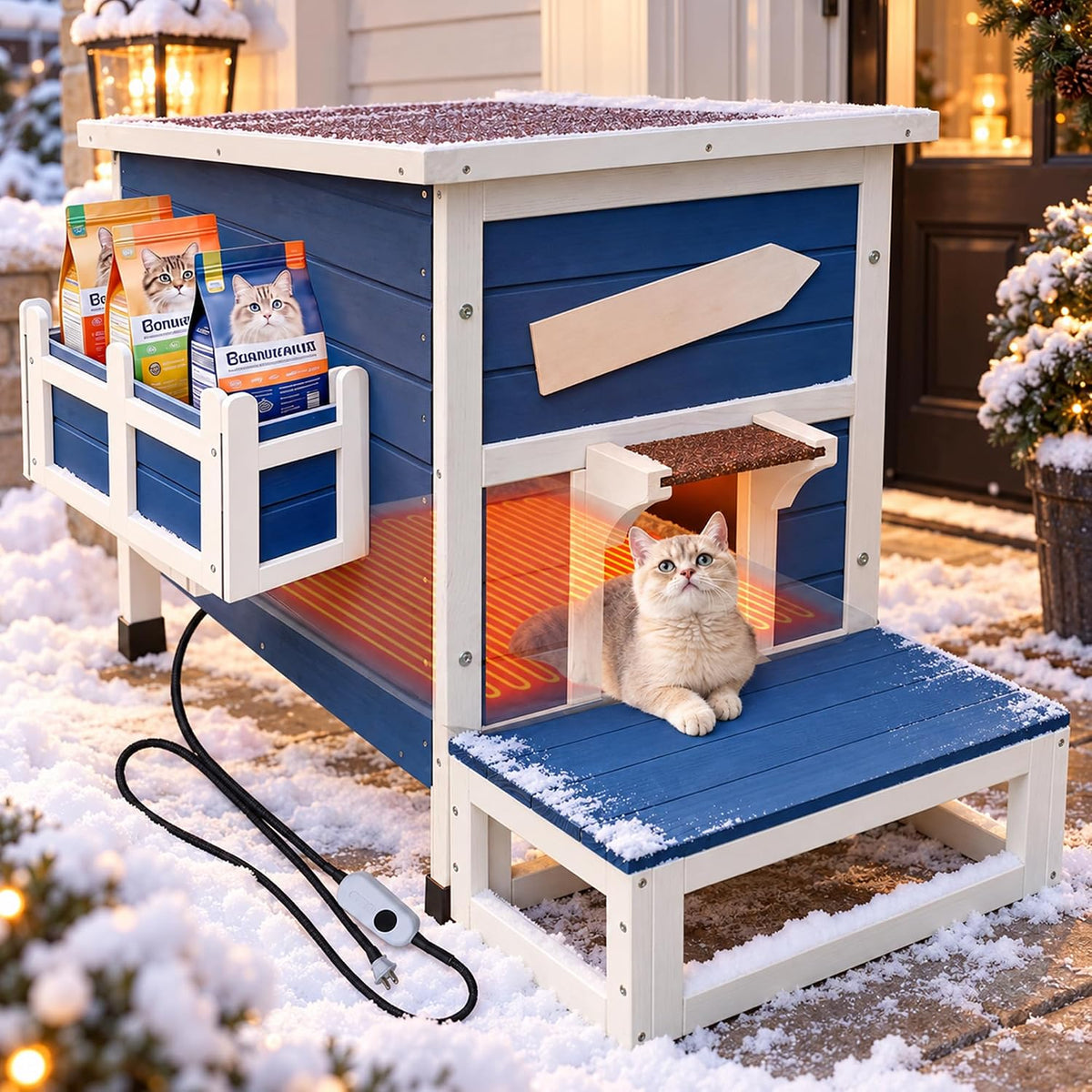 Blue weatherproof wooden outdoor cat shelter with escape door