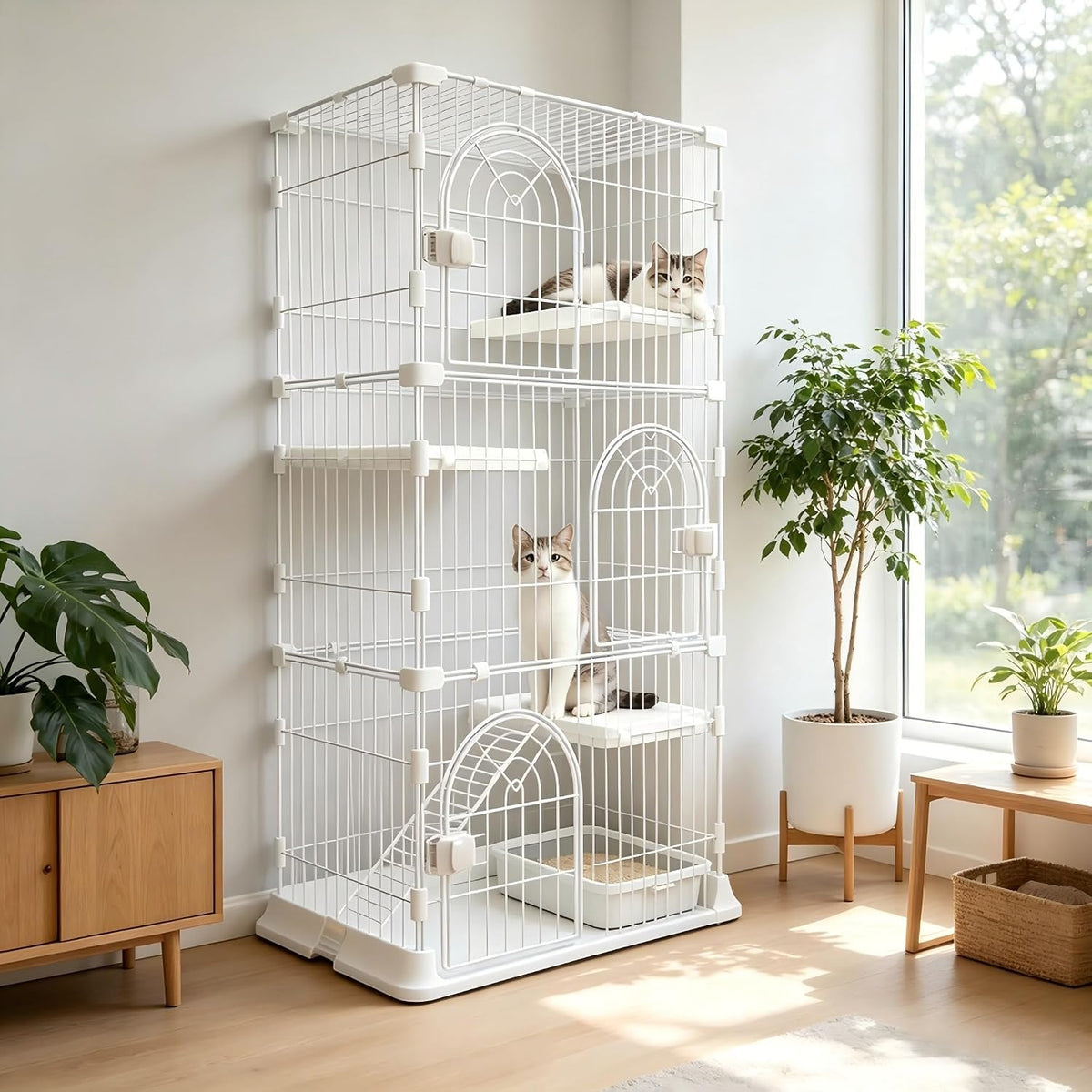 White three-tier metal cat cage playpen with platforms