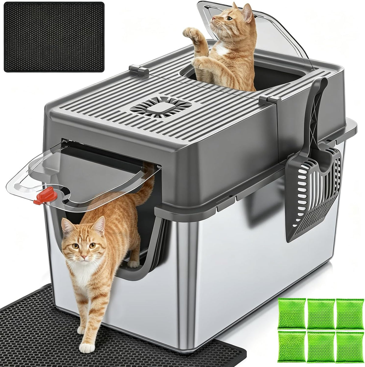 Dark gray enclosed stainless steel cat litter box with lid