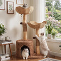 Modern 50 inch cat tree with two woven handmade baskets and large condo