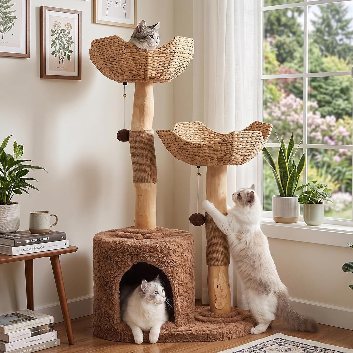 Modern 50 inch cat tree with two woven handmade baskets and large condo