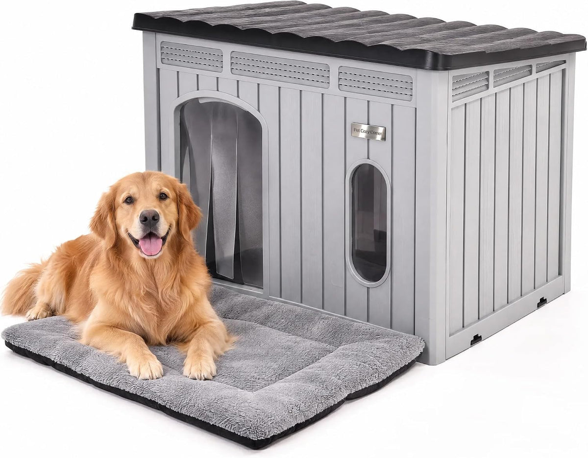Large plastic dog house with sloped roof, door curtain and vent window