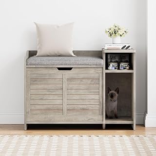 Cat Litter Box Enclosure, Large Hidden Furniture with Top Opening, Cushion, Storage Shelf and Litter Mat, Gray