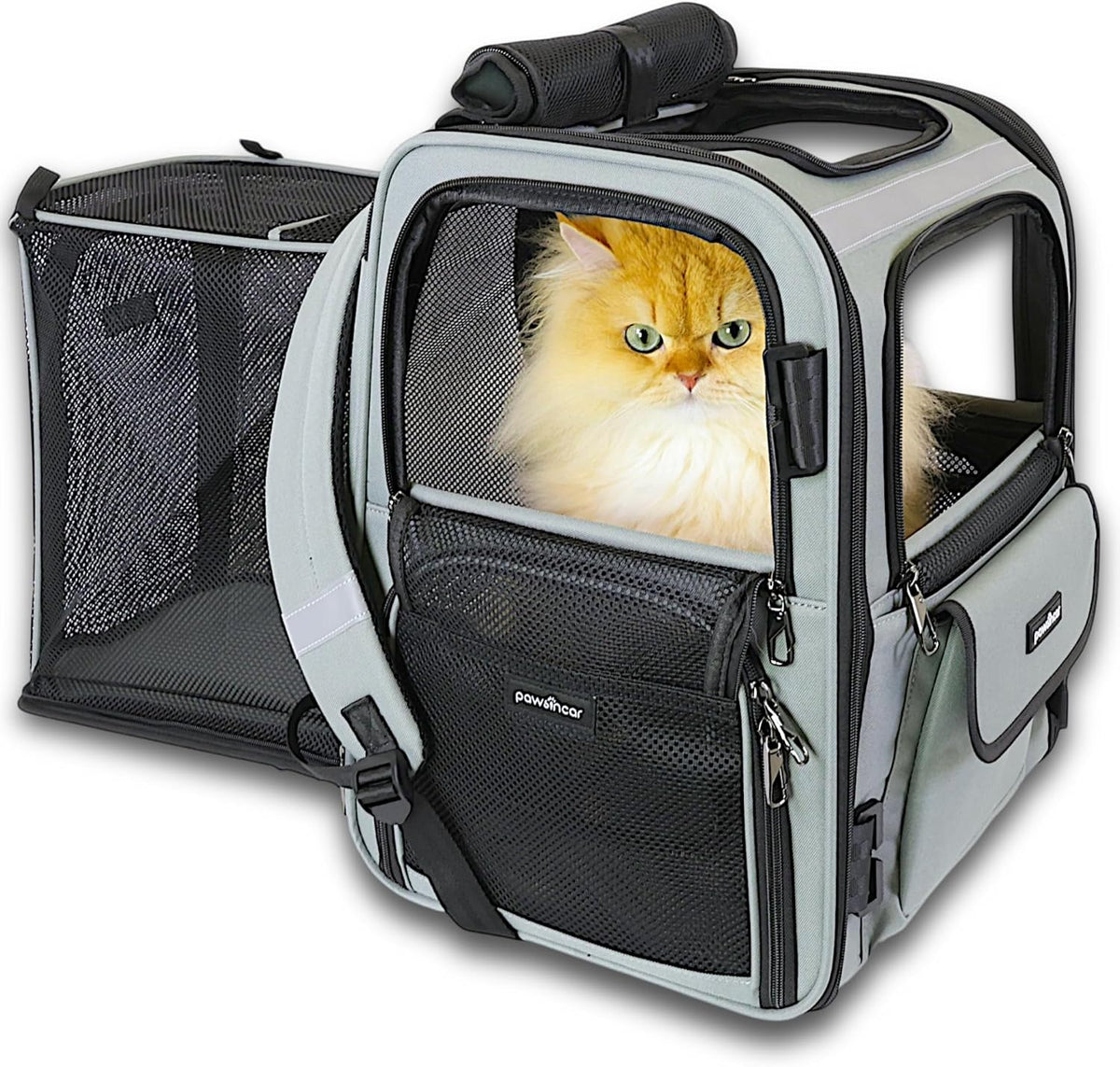 Expandable cat backpack carrier with pop-out compartment