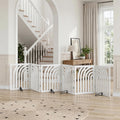 White curved six-panel freestanding dog gate with metal support feet