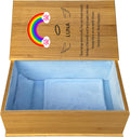 Handmade pine wood pet casket with blue flannel lining, pillow and blanket
