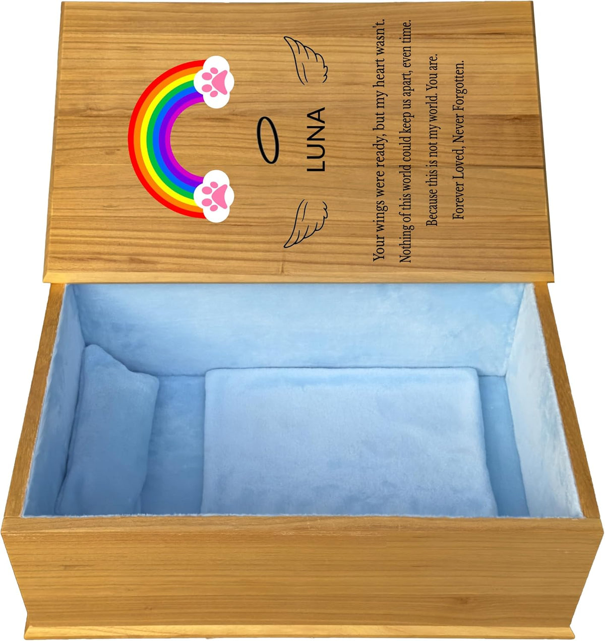 Handmade pine wood pet casket with blue flannel lining, pillow and blanket