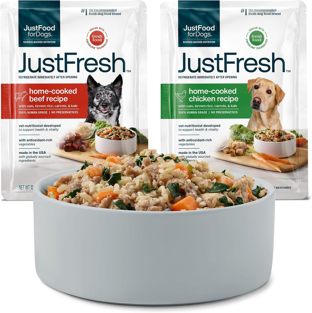 Resealable pouches of fresh beef and chicken wet dog food