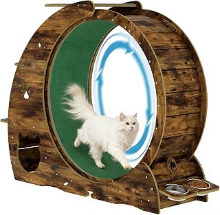 55" Cat Exercise Wheel with Running Track, Built-In Bowls, Scratch Post and 3-Level Jumping Tower, Retro Brown