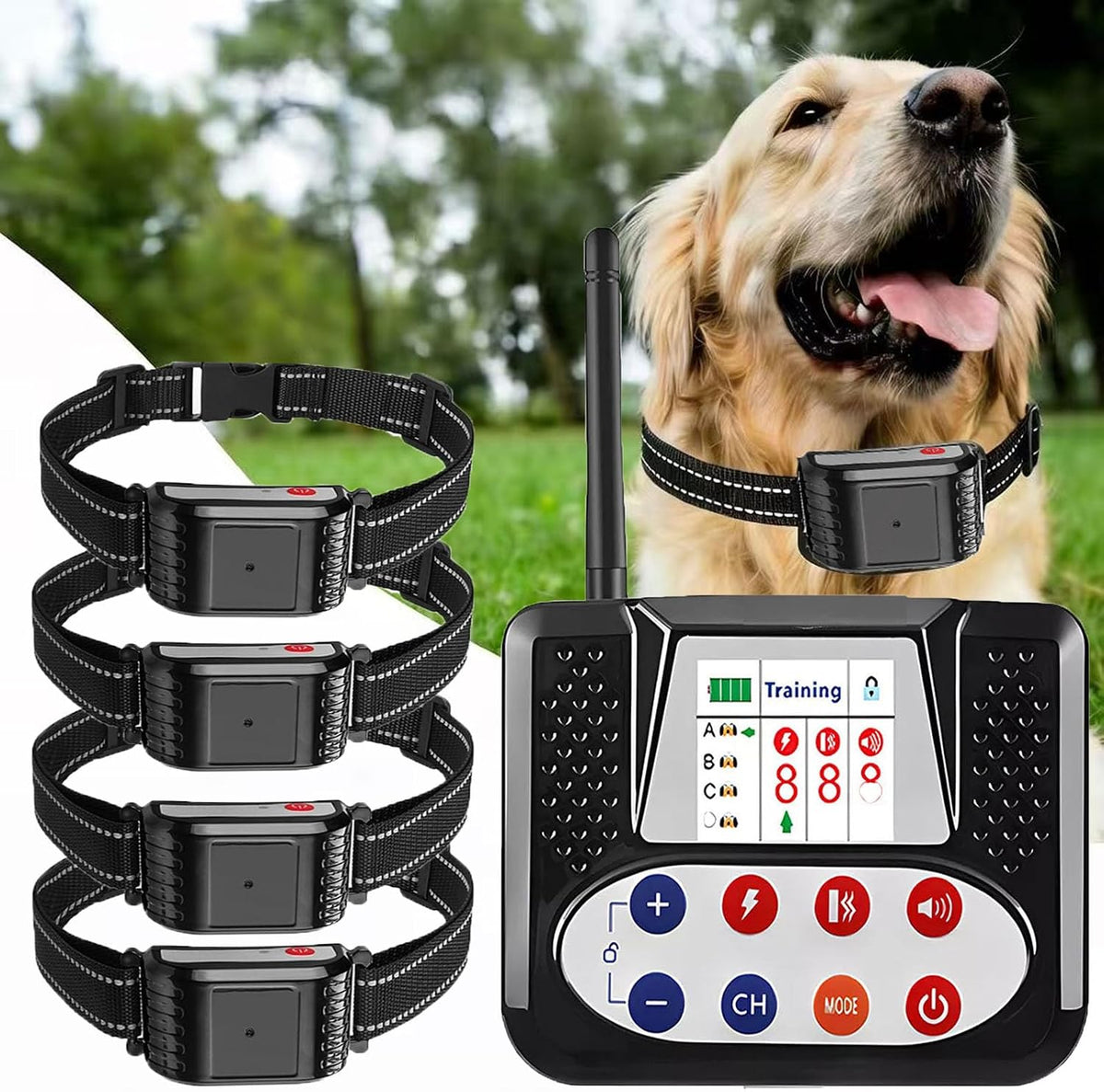 Wireless dog fence transmitter, remote and four waterproof receiver collars
