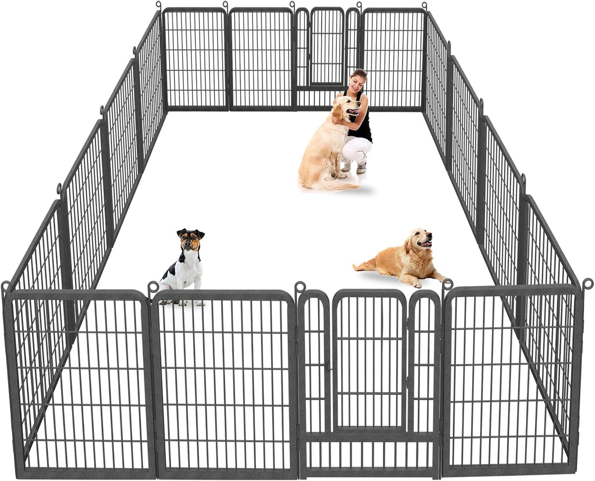 Black 40 inch metal dog playpen with fourteen panels set up in a yard – view 12
