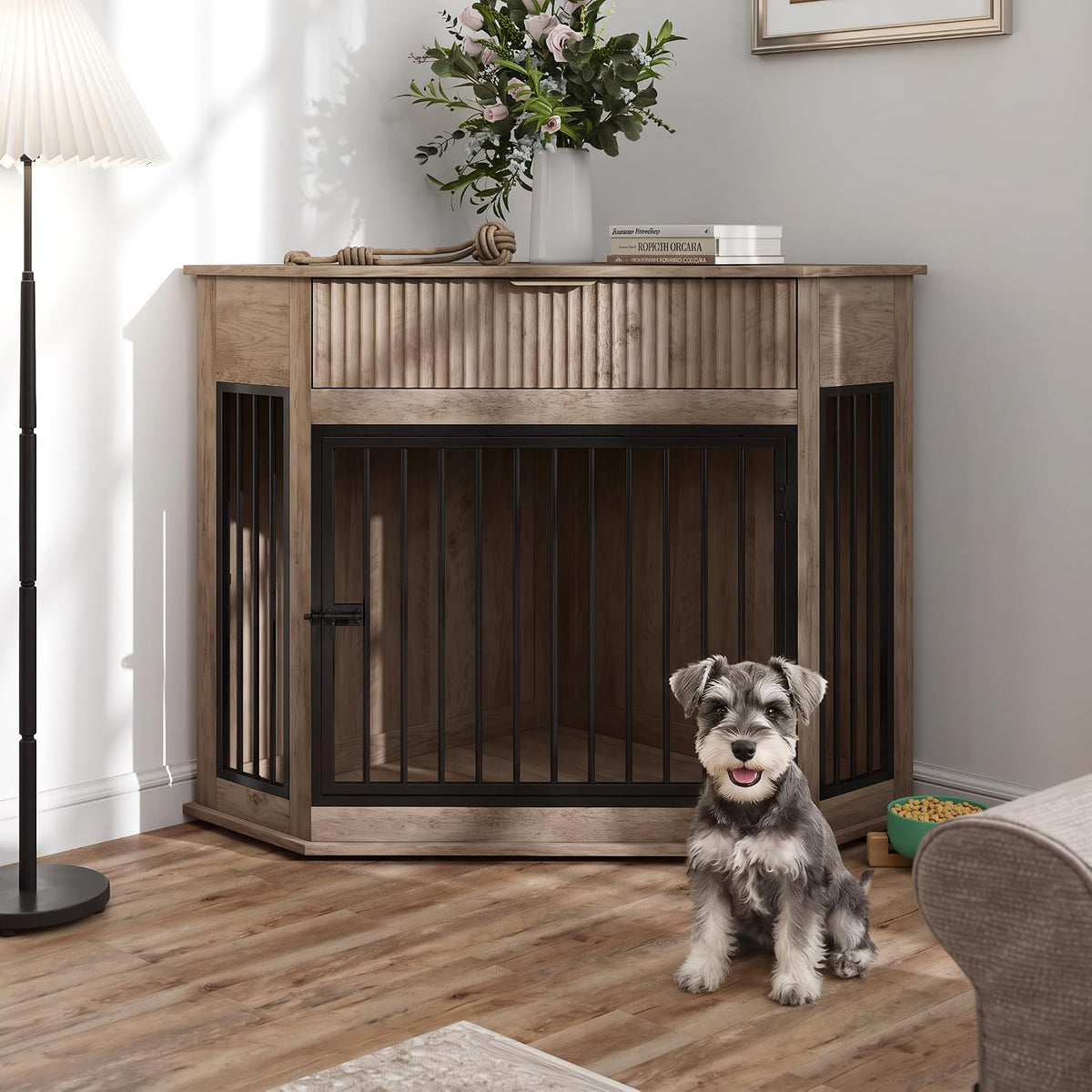 White 44.6 inch corner wooden dog crate with fluted drawer – view 2