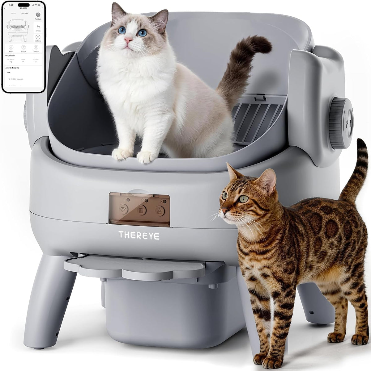Open-top automatic self-cleaning cat litter box with entry step and waste bin