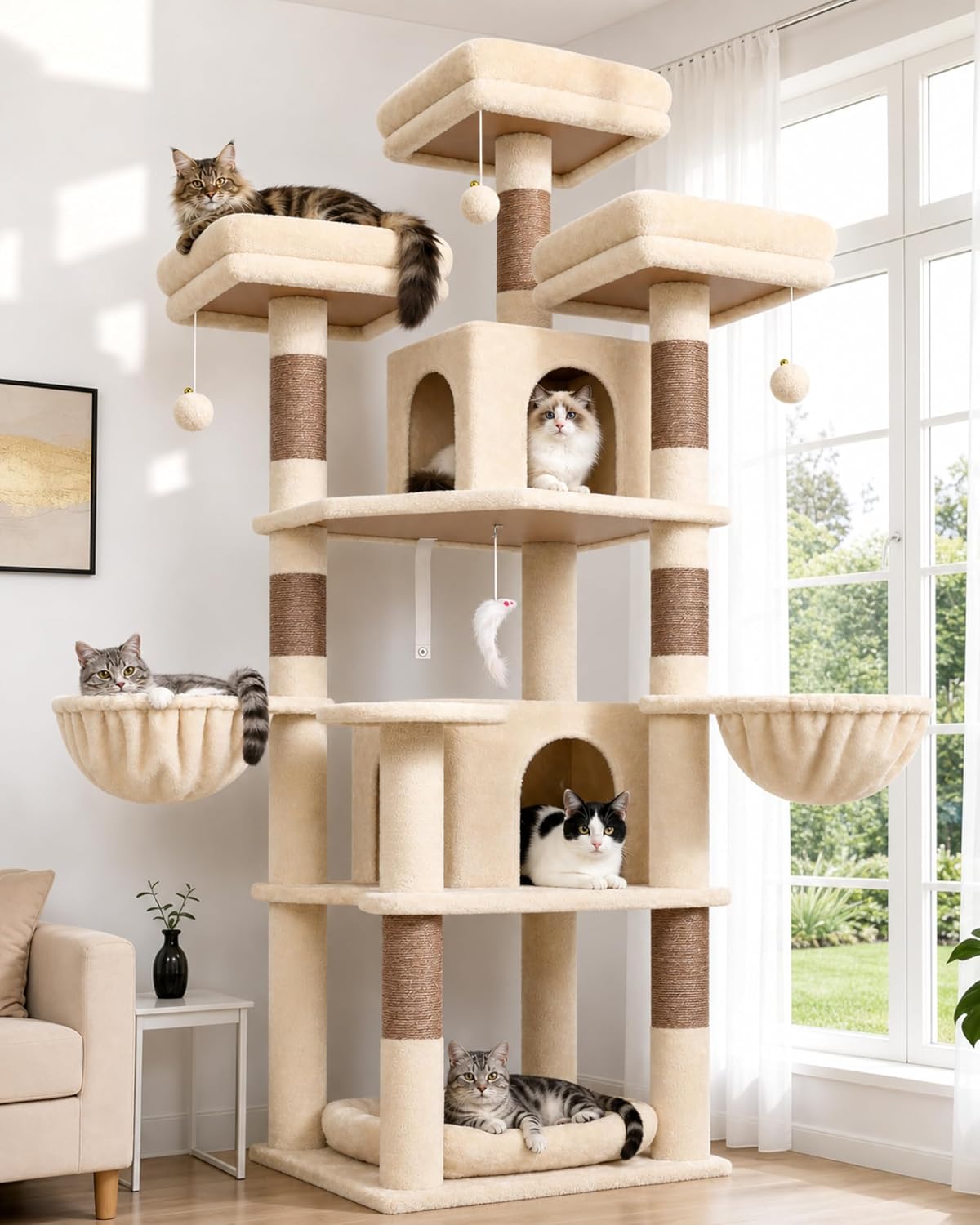 Very tall beige cat tower with condos, perches and hanging baskets – view 3