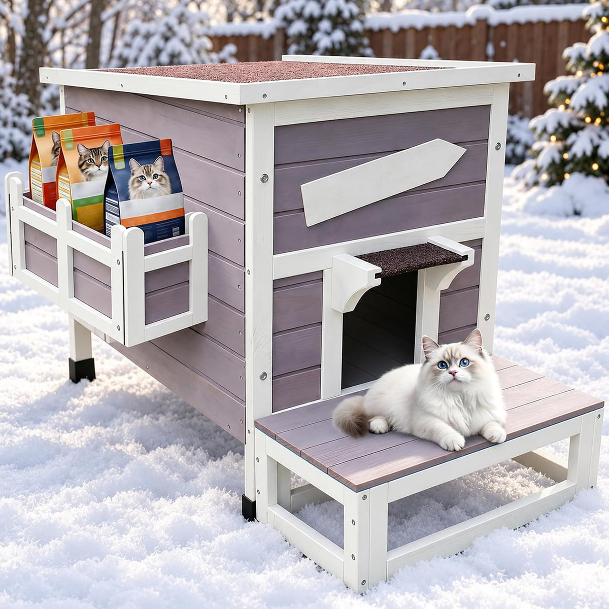 Blue weatherproof wooden outdoor cat shelter with escape door – view 7