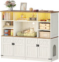 Double cat litter box enclosure cabinet with light and storage