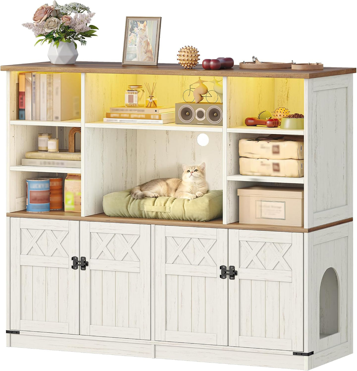 Double cat litter box enclosure cabinet with light and storage