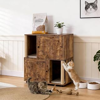 Double Cat Litter Box Enclosure Cabinet for 2 Cats, 2-Tier Modern Farmhouse Washroom with Mark Post, Dog-Proof, Slotted Brown