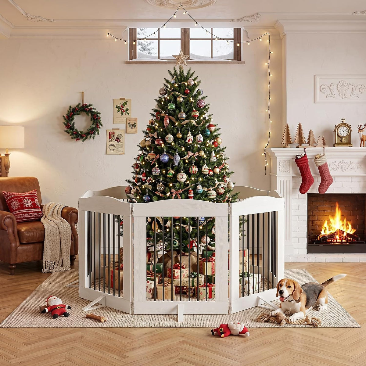 White freestanding six-panel folding dog gate with support feet across a doorway