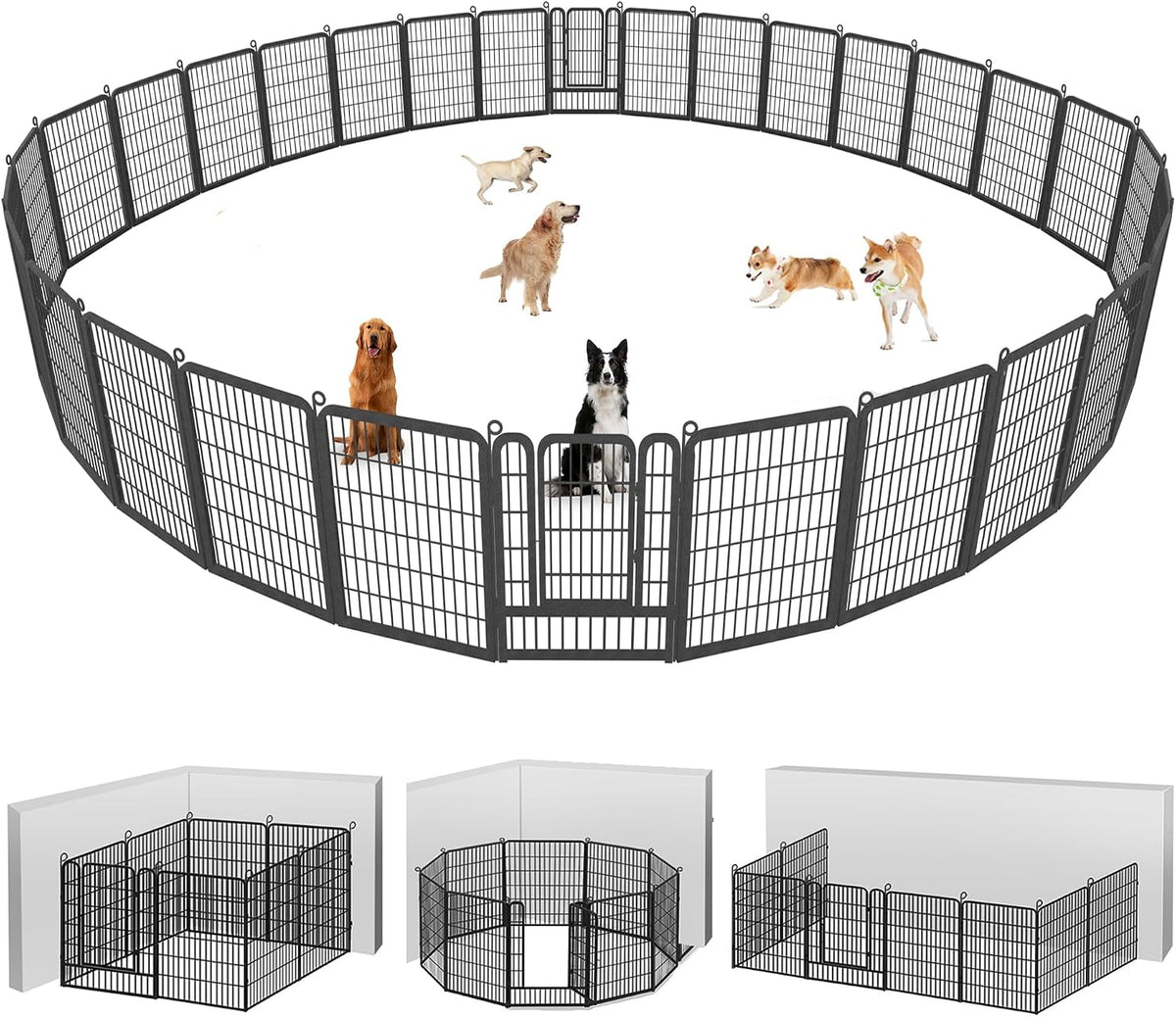 Black 40 inch metal dog playpen with fourteen panels set up in a yard – view 13