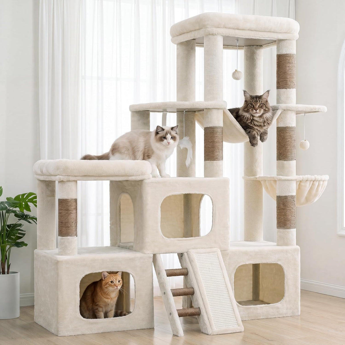 59 inch smoky gray cat tower with three caves, hammock and baskets – view 2