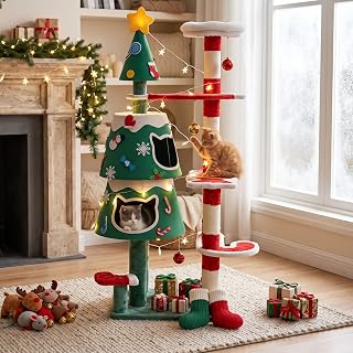 Christmas Cat Tree with 2 Cozy Condos and Natural Sisal Scratching Posts