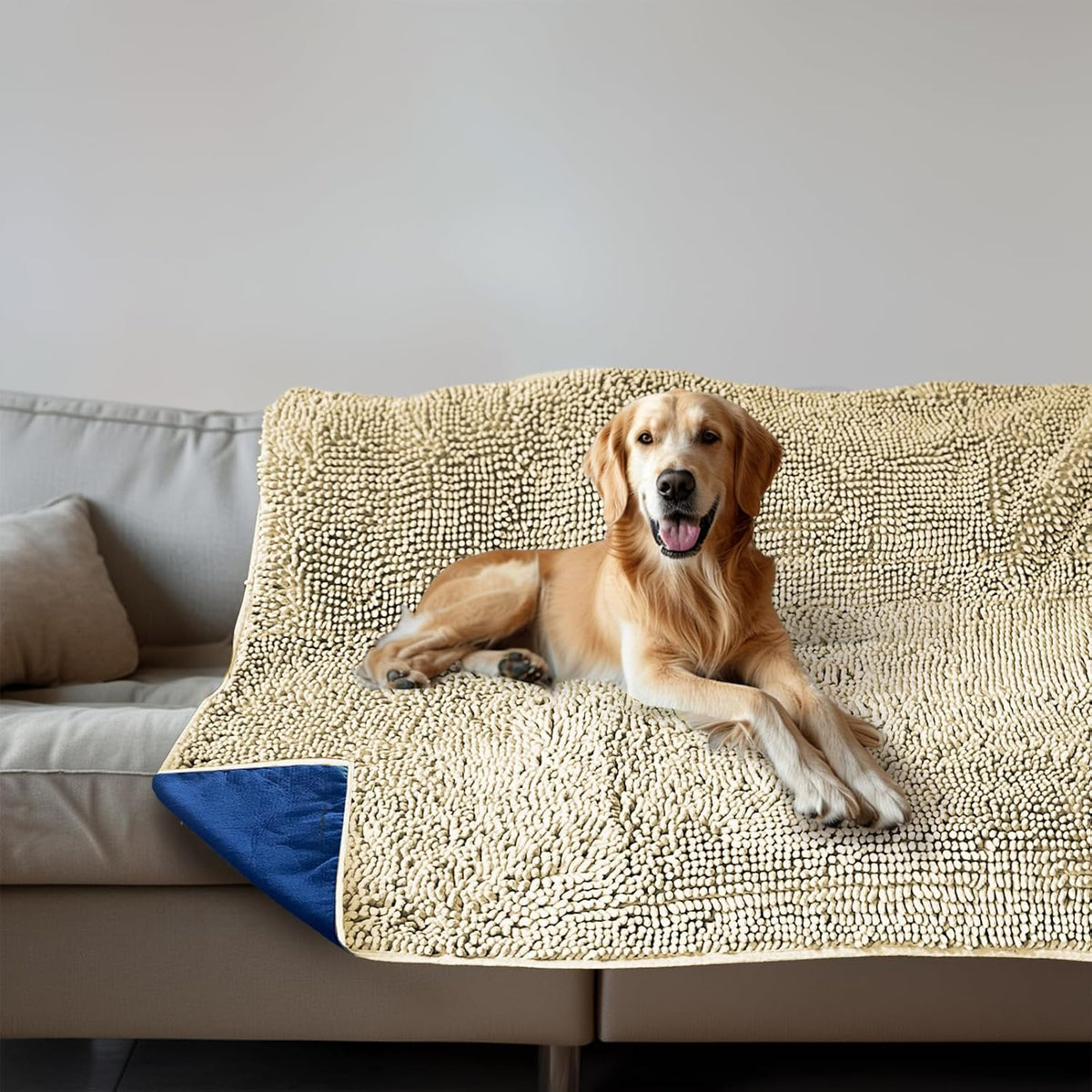 Beige chenille pet blanket covering a bed with a dog lying on it