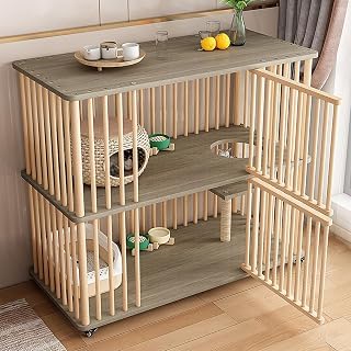 Wooden Cat House with Scratching Post, 2-Tier Cat Villa with Wheels and Escape Doors, Large Size