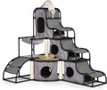 Gray cat tower with plush hammock, hideaways and sisal posts