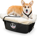 Beige sherpa elevated dog car booster seat on a vehicle back seat