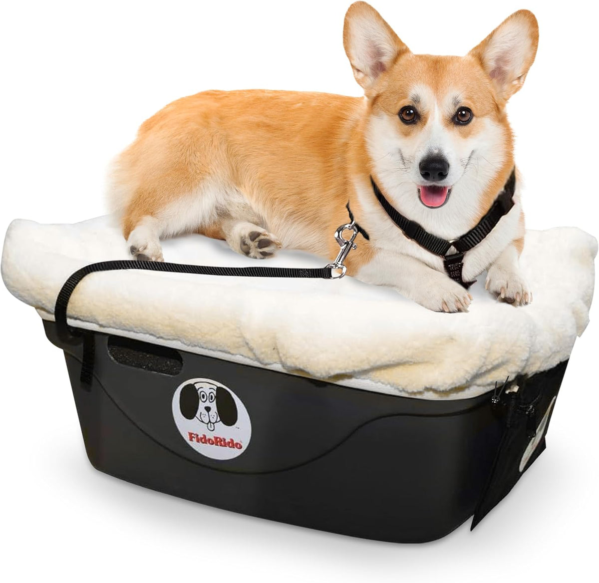 Beige sherpa elevated dog car booster seat on a vehicle back seat