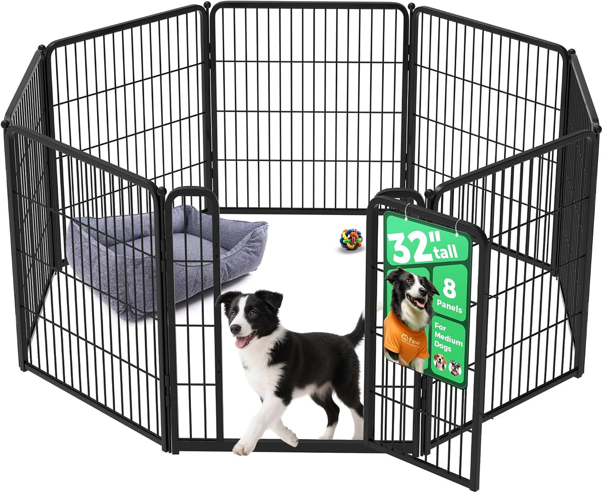 Black eight panel indoor dog playpen with threshold-free gate