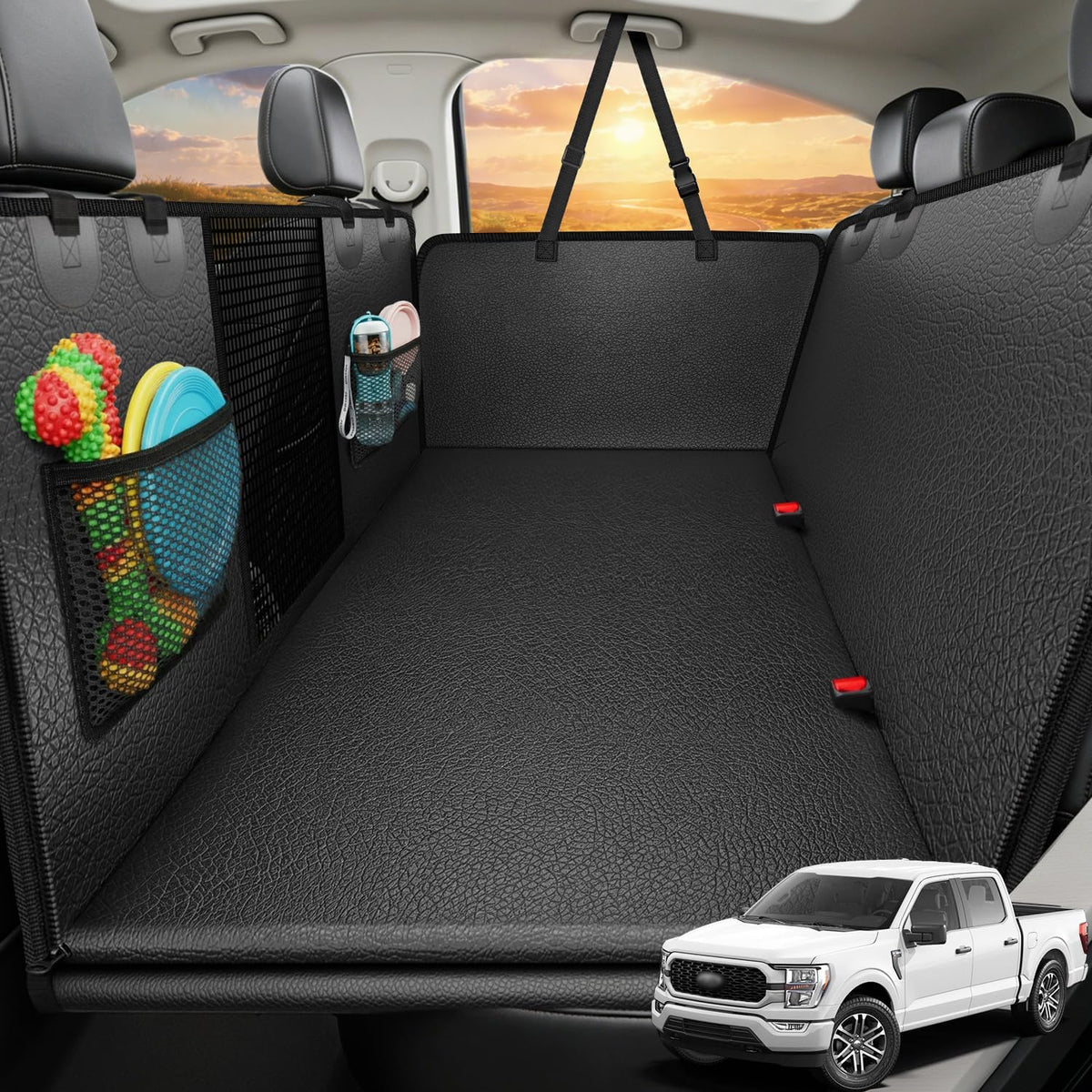 Black hard bottom dog back seat extender in a crew cab truck – view 5