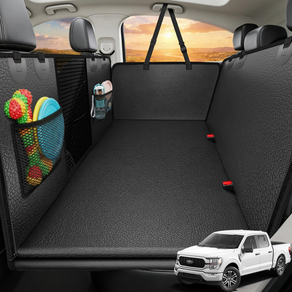 Black hard bottom dog back seat extender with high mesh barrier in a car rear seat – view 6