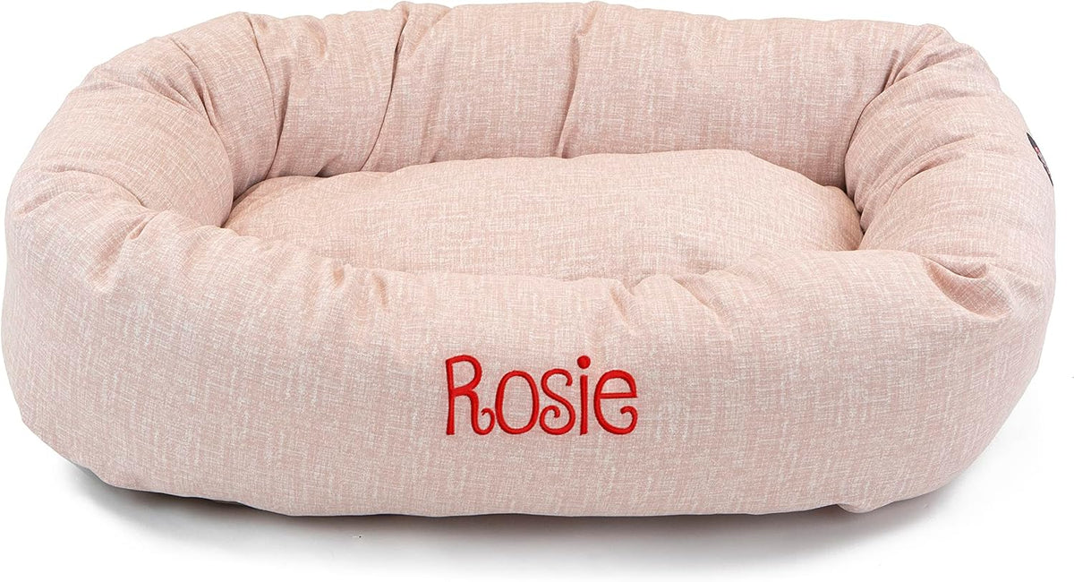Tan heathered donut dog bed with monogrammed pet name – view 3