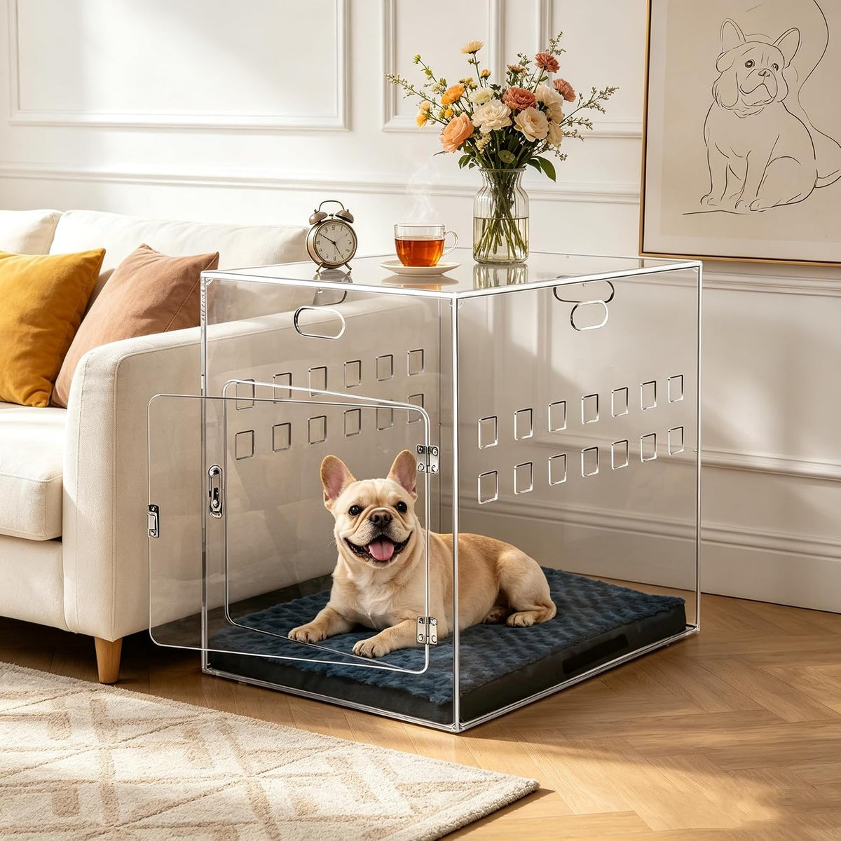 Clear acrylic dog house crate with metal lock in a modern living room