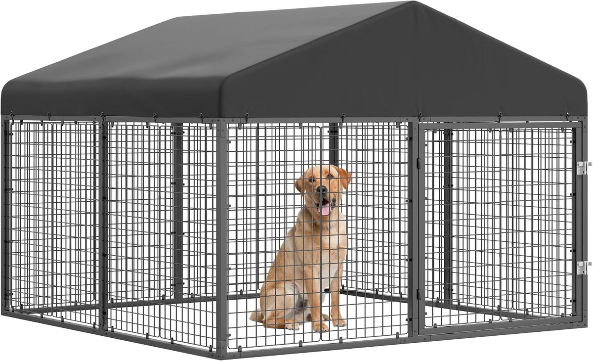 Large galvanized steel outdoor dog kennel with fabric roof cover