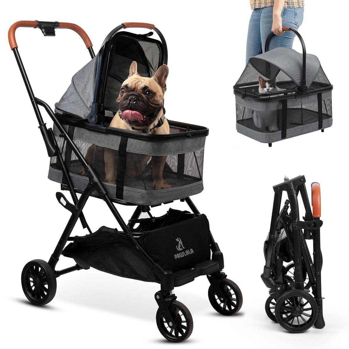 Metallic gray compact pet stroller with detachable carrier