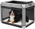Gray collapsible soft-sided dog crate with mesh windows and zip door
