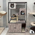 Aivituvin 4-Tier Wooden Cat Tree with Hidden Litter Box Cabinet, Condo, Hammock and Scratching Tree, Light Woodgrain Beige