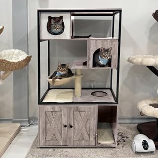 Aivituvin 4-Tier Wooden Cat Tree with Hidden Litter Box Cabinet, Condo, Hammock and Scratching Tree, Light Woodgrain Beige